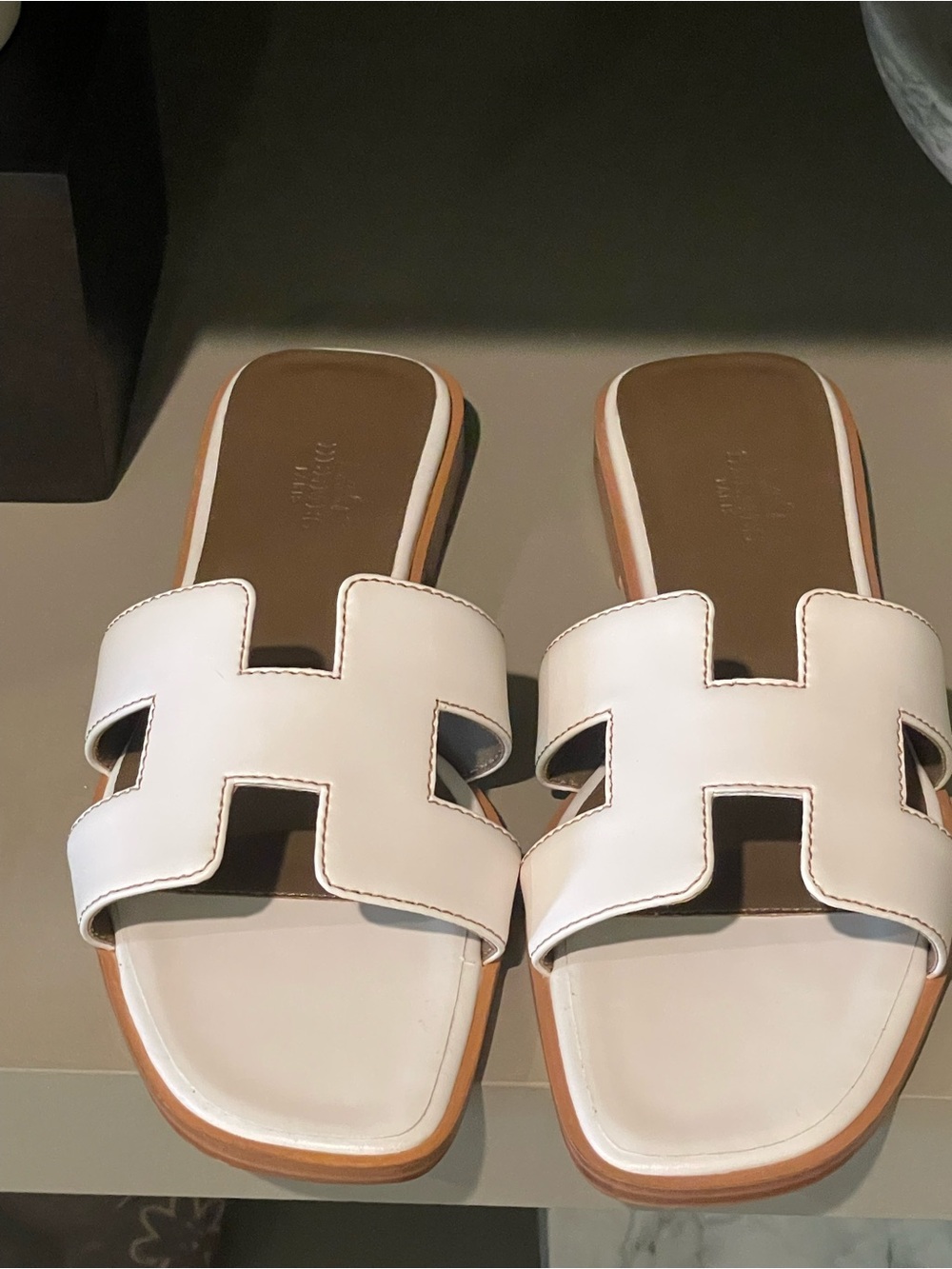 Brand New White H-Cut Leather Slide Sandals